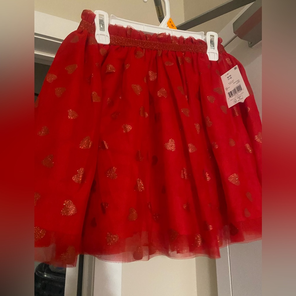 Red Tulle Skirt with Gold Heart Accents